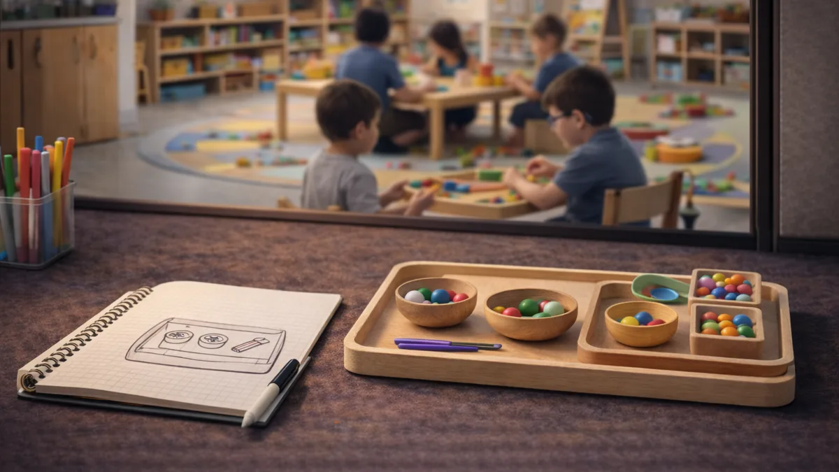 Materialtablett und Notizbuch auf einem Tisch, im Hintergrund ein Gruppenraum mit Kindern.