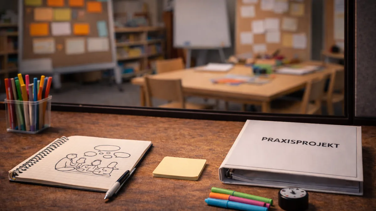 Arbeitsmaterialien auf einem Tisch, rechts ein Ordner mit der Aufschrift PRAXISPROJEKT.